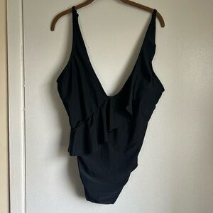 Kona Sol Black Asymmetrical Ruffle High Coverage One Piece Swimsuit Black Size L